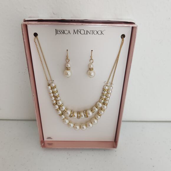 Jessica McClintock Necklace and Earrings Pearl Rhinestones - Picture 1 of 7